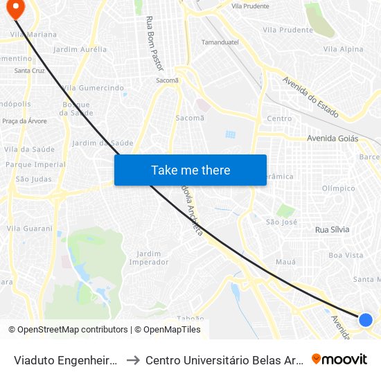 Viaduto Engenheiro Luís Meira to Centro Universitário Belas Artes de São Paulo map