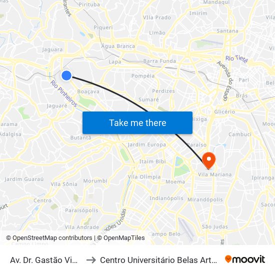 Av. Dr. Gastão Vidigal 1437 to Centro Universitário Belas Artes de São Paulo map