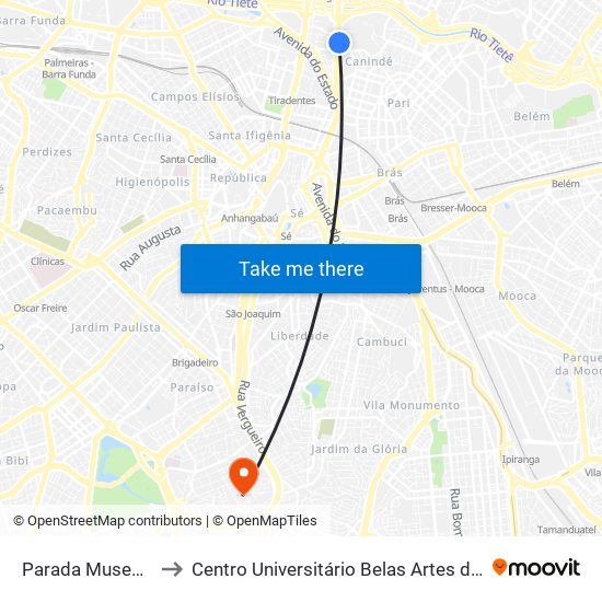 Parada Museu Cmtc to Centro Universitário Belas Artes de São Paulo map