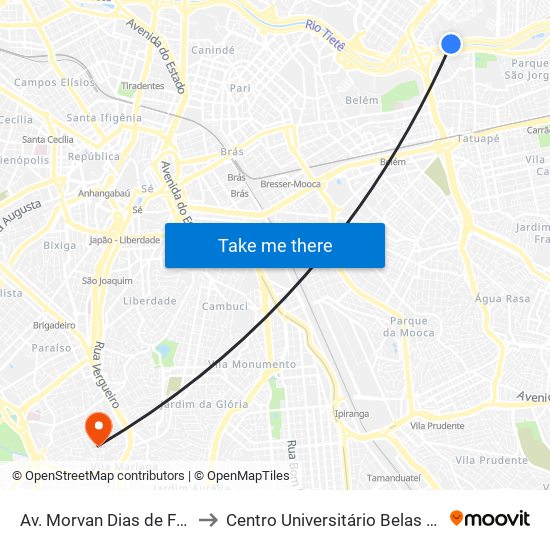 Av. Morvan Dias de Figueiredo 5631 to Centro Universitário Belas Artes de São Paulo map