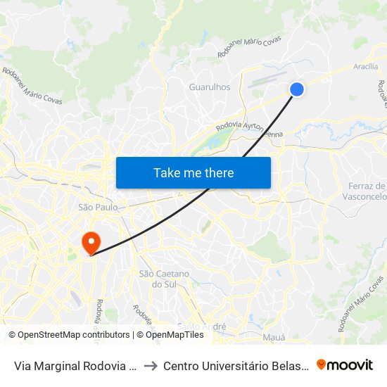 Via Marginal Rodovia Presidente Dutra to Centro Universitário Belas Artes de São Paulo map