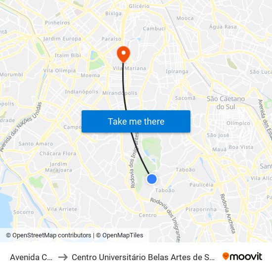 Avenida Curió to Centro Universitário Belas Artes de São Paulo map