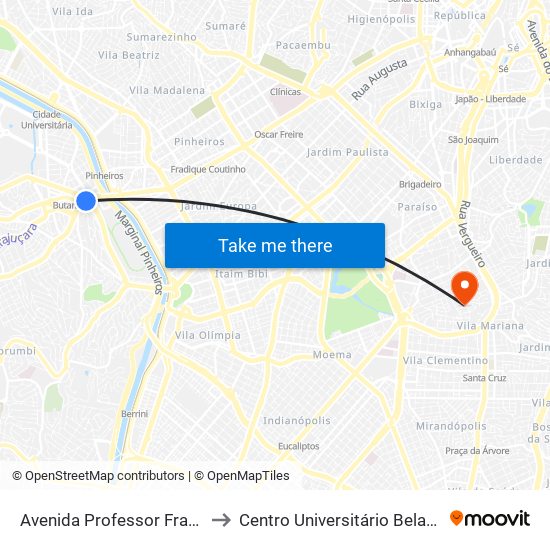 Avenida Professor Francisco Morato C/B to Centro Universitário Belas Artes de São Paulo map