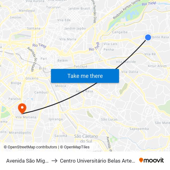 Avenida São Miguel 3324 to Centro Universitário Belas Artes de São Paulo map