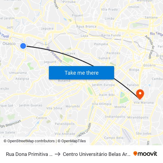 Rua Dona Primitiva Vianco, 475 to Centro Universitário Belas Artes de São Paulo map