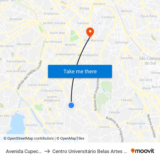 Avenida Cupecê 2308 to Centro Universitário Belas Artes de São Paulo map