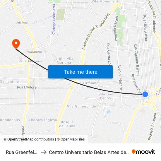 Rua Greenfeld 130 to Centro Universitário Belas Artes de São Paulo map