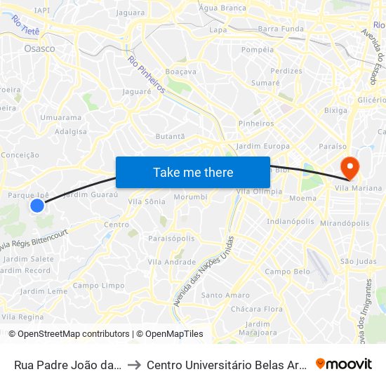 Rua Padre João da Cunha 286 to Centro Universitário Belas Artes de São Paulo map