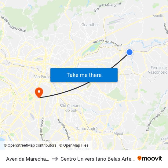 Avenida Marechal Tito 990 to Centro Universitário Belas Artes de São Paulo map