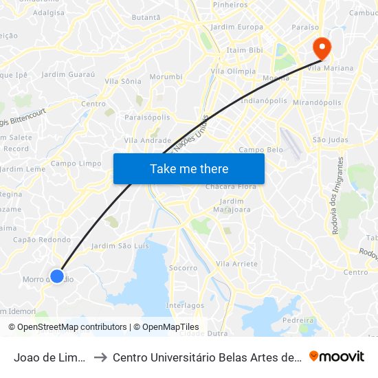 Joao de Lima C/B to Centro Universitário Belas Artes de São Paulo map