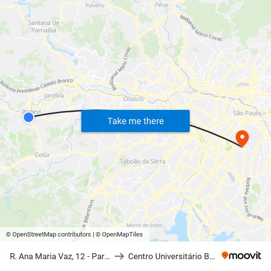 R. Ana Maria Vaz, 12 - Parque Santo Antonio, Itapevi to Centro Universitário Belas Artes de São Paulo map