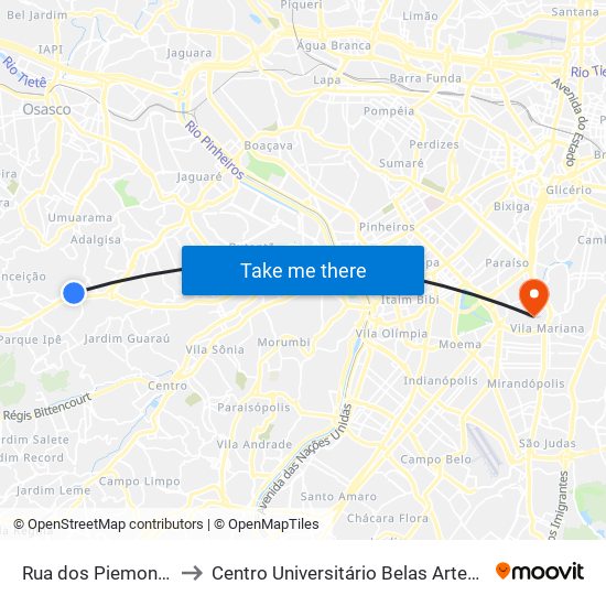Rua dos Piemonteses 26 to Centro Universitário Belas Artes de São Paulo map