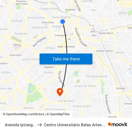 Avenida Ipiranga 1119 to Centro Universitário Belas Artes de São Paulo map