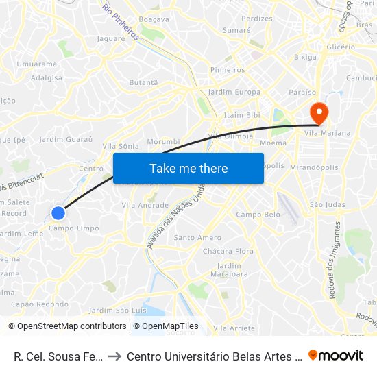 R. Cel. Sousa Ferraz, 25 to Centro Universitário Belas Artes de São Paulo map