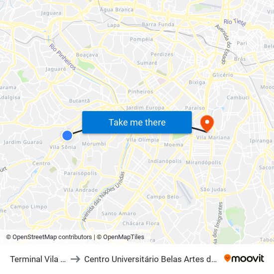 Terminal Vila Sônia to Centro Universitário Belas Artes de São Paulo map