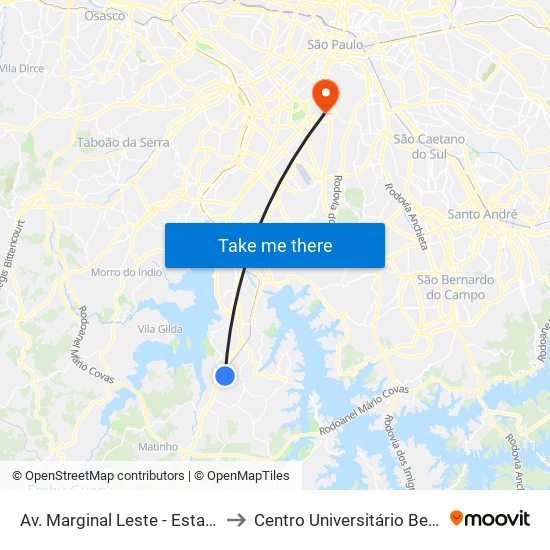 Av. Marginal Leste - Estação Mendes - Vila Natal to Centro Universitário Belas Artes de São Paulo map
