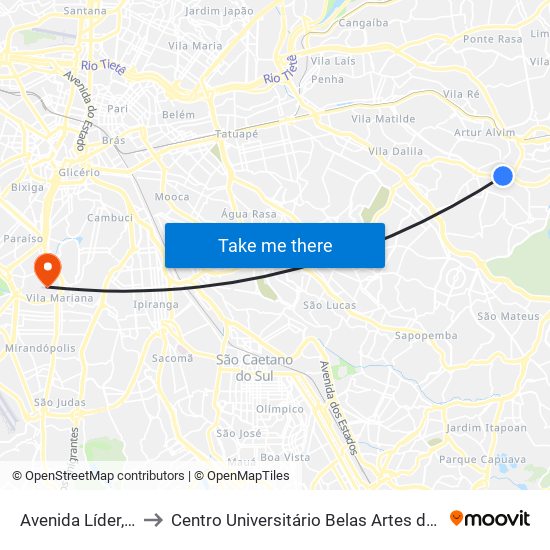 Av. Líder, 2432 - Artur Alvim, São Paulo to Centro Universitário Belas Artes de São Paulo map