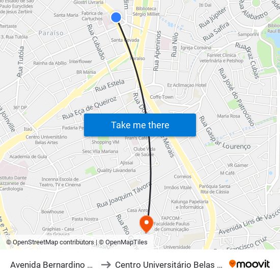 Avenida Bernardino de Campos 173 to Centro Universitário Belas Artes de São Paulo map