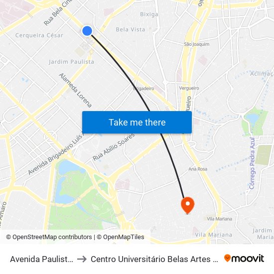 Avenida Paulista 1810 to Centro Universitário Belas Artes de São Paulo map
