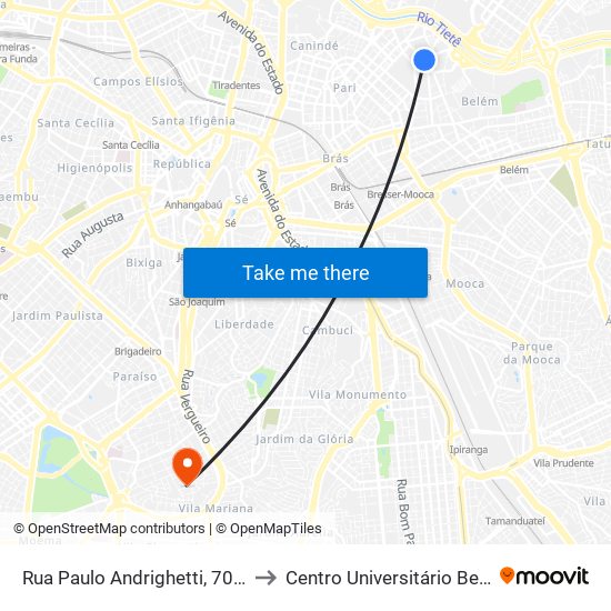 Rua Paulo Andrighetti, 70 - Alto do Pari, São Paulo to Centro Universitário Belas Artes de São Paulo map