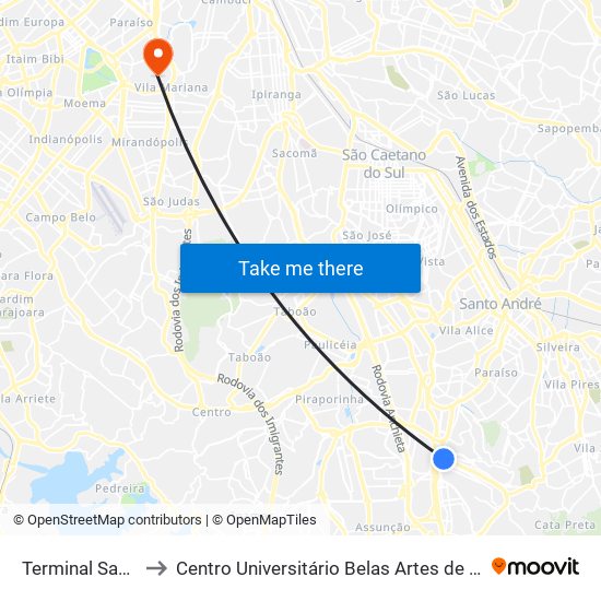 Terminal Sacolão to Centro Universitário Belas Artes de São Paulo map