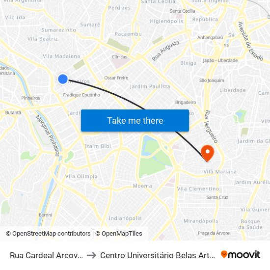 Rua Cardeal Arcoverde 2030 to Centro Universitário Belas Artes de São Paulo map