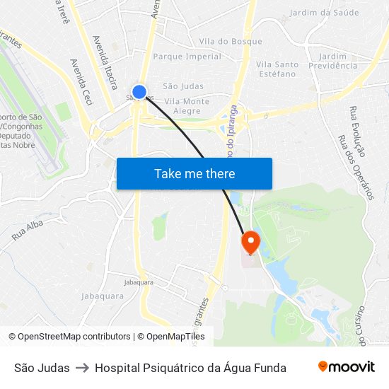 São Judas to Hospital Psiquátrico da Água Funda map