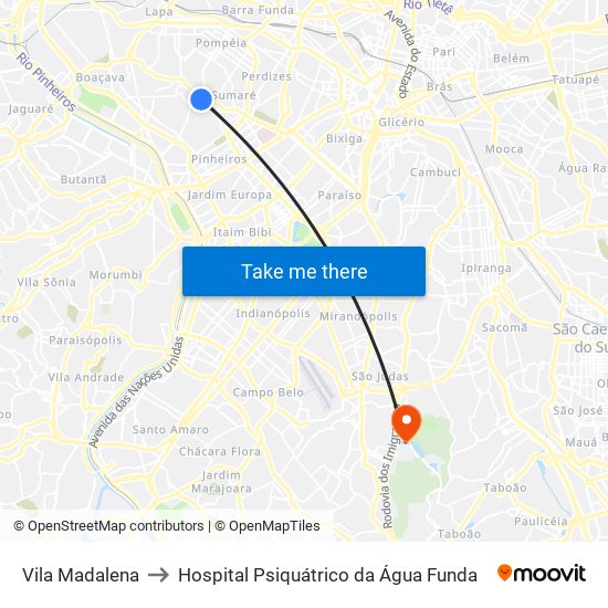 Vila Madalena to Hospital Psiquátrico da Água Funda map