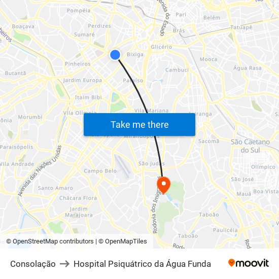 Consolação to Hospital Psiquátrico da Água Funda map