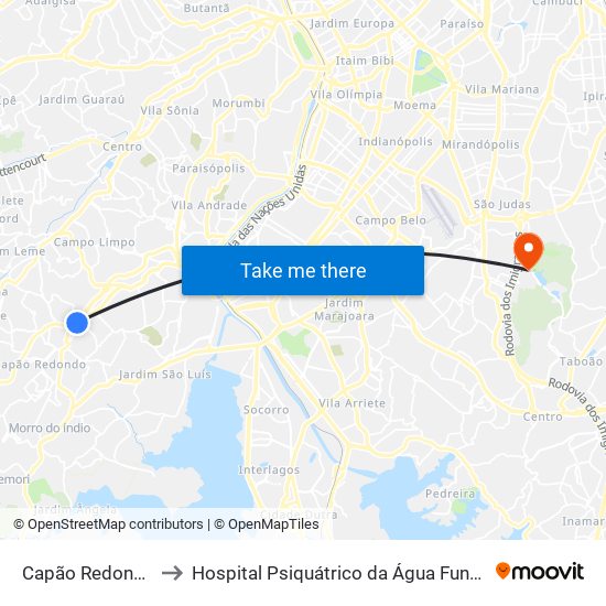 Capão Redondo to Hospital Psiquátrico da Água Funda map