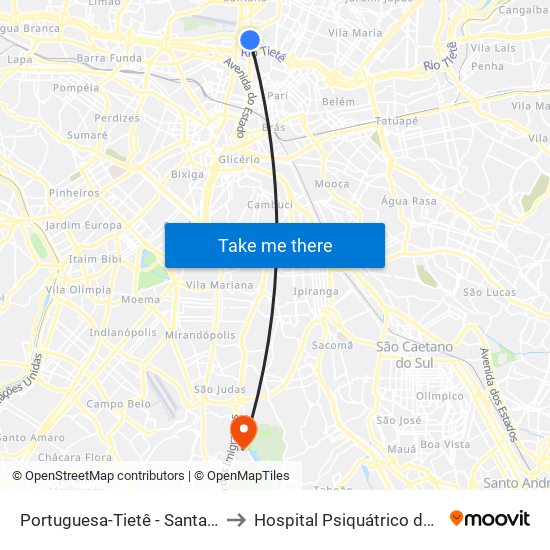 Portuguesa-Tietê - Santana, São Paulo to Hospital Psiquátrico da Água Funda map