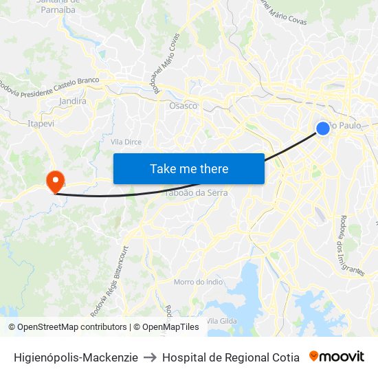 Higienópolis-Mackenzie to Hospital de Regional Cotia map