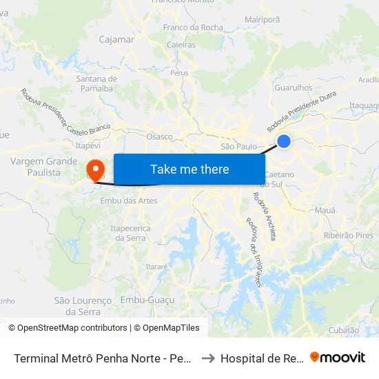 Terminal Metrô Penha Norte - Penha de França, São Paulo to Hospital de Regional Cotia map