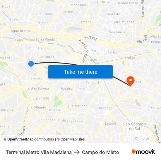 Terminal Metrô Vila Madalena to Campo do Misto map