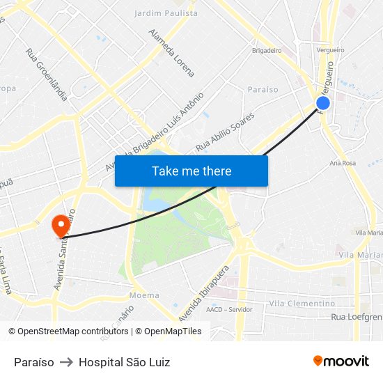 Paraíso to Hospital São Luiz map