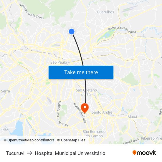 Tucuruvi to Hospital Municipal Universitário map
