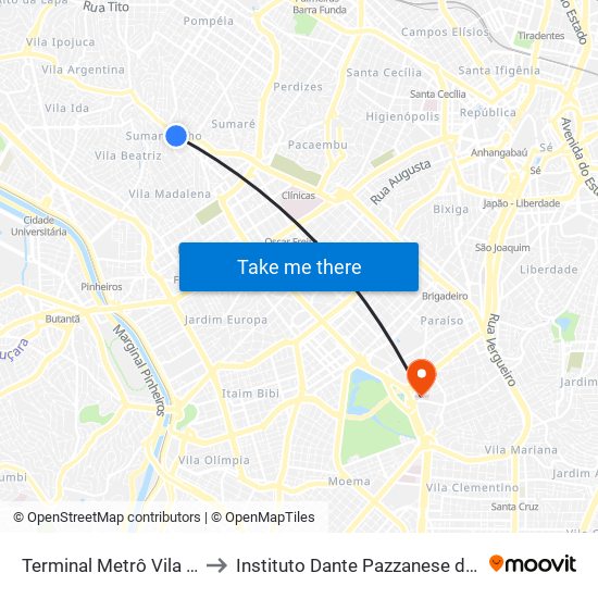 Terminal Metrô Vila Madalena to Instituto Dante Pazzanese de Cardiologia map