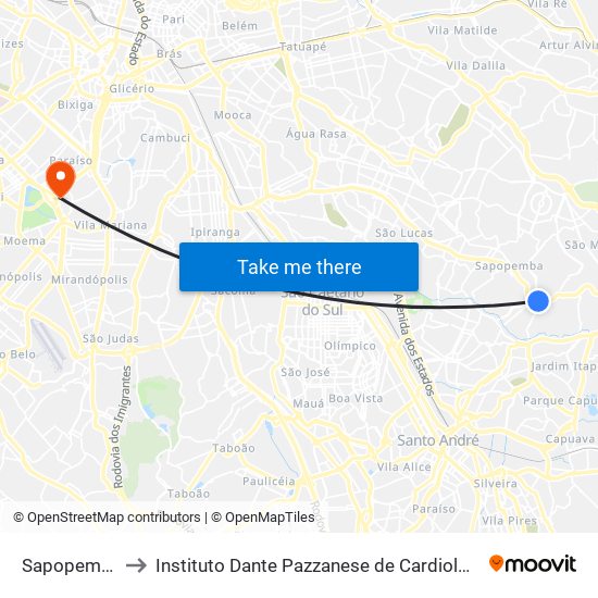 Sapopemba to Instituto Dante Pazzanese de Cardiologia map