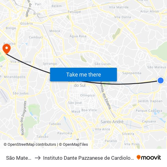 São Mateus to Instituto Dante Pazzanese de Cardiologia map