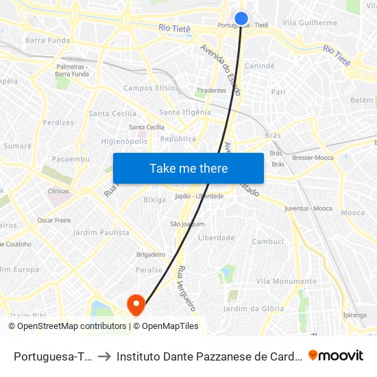 Portuguesa-Tietê to Instituto Dante Pazzanese de Cardiologia map