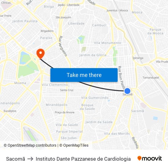 Sacomã to Instituto Dante Pazzanese de Cardiologia map