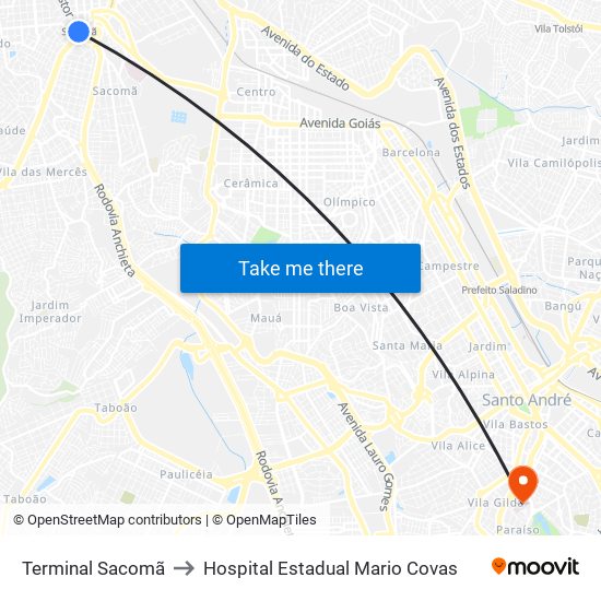 Terminal Sacomã to Hospital Estadual Mario Covas map