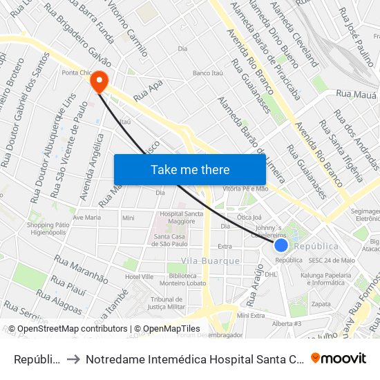 República to Notredame Intemédica Hospital Santa Cecília map