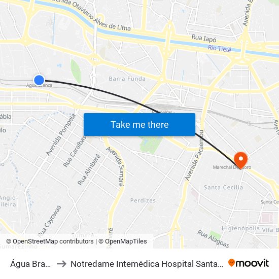 Água Branca to Notredame Intemédica Hospital Santa Cecília map