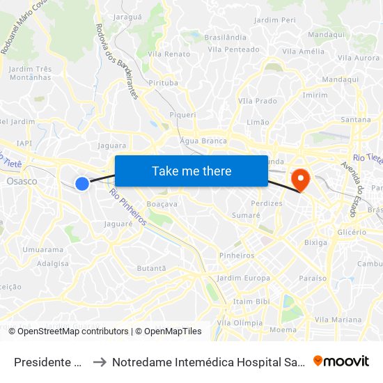 Presidente Altino to Notredame Intemédica Hospital Santa Cecília map