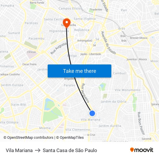 Vila Mariana to Santa Casa de São Paulo map