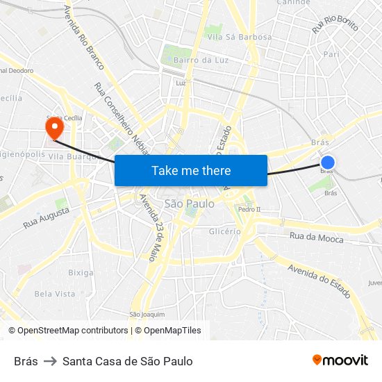 Brás to Santa Casa de São Paulo map