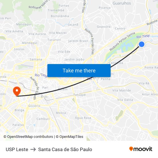 USP Leste to Santa Casa de São Paulo map