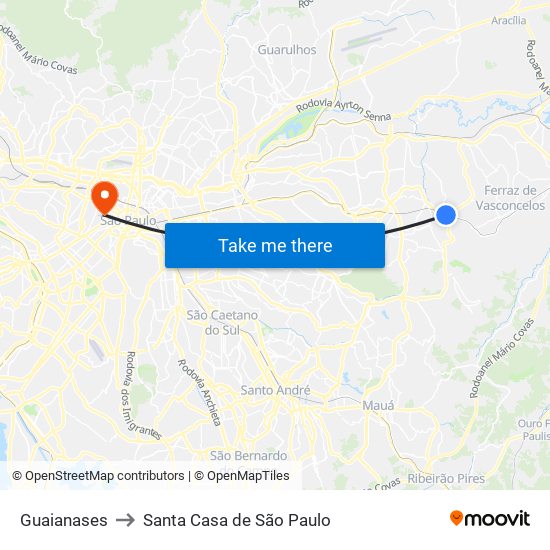 Guaianases to Santa Casa de São Paulo map