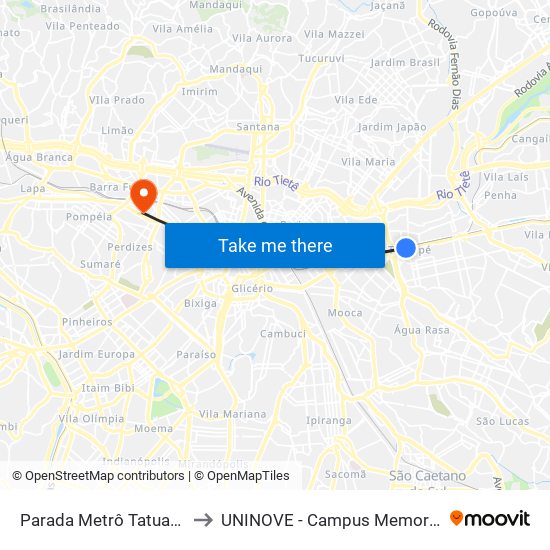 Parada Metrô Tatuapé to UNINOVE - Campus Memorial map